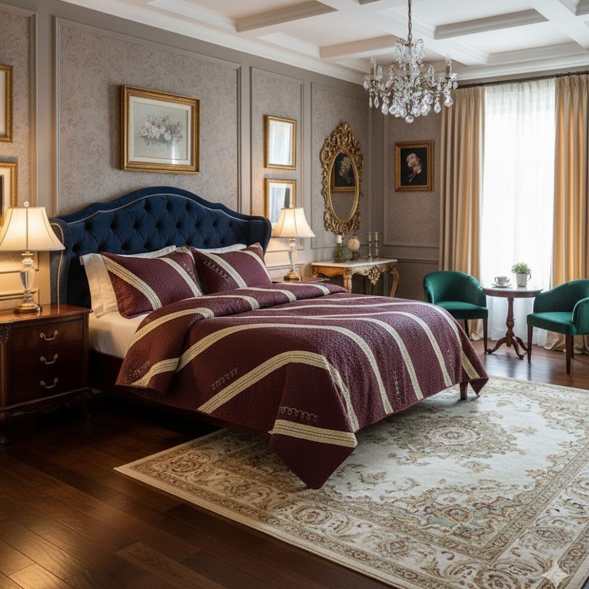 GENERICO - CUBRECAMA QUILT DE VERANO DELGADO DISEÑO MODERNO BURDEOS LINEAS DORADAS 1.5 PLAZA