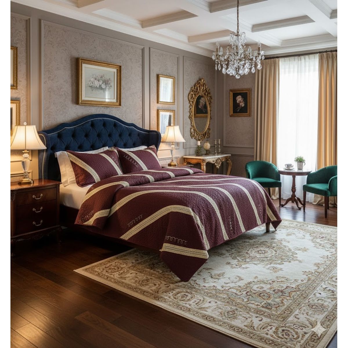 GENERICO - CUBRECAMA QUILT DE VERANO DELGADO DISEÑO MODERNO BURDEOS LINEAS DORADAS 1.5 PLAZA