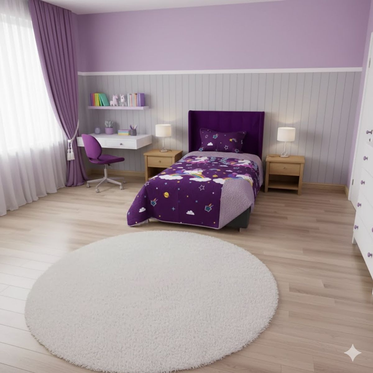 GENERICO - CUBRECAMA DE NIÑA QUILT DE VERANO DELGADO DISEÑO MORADA UNICORNIO ARCOIRIS 1.5 PLAZA