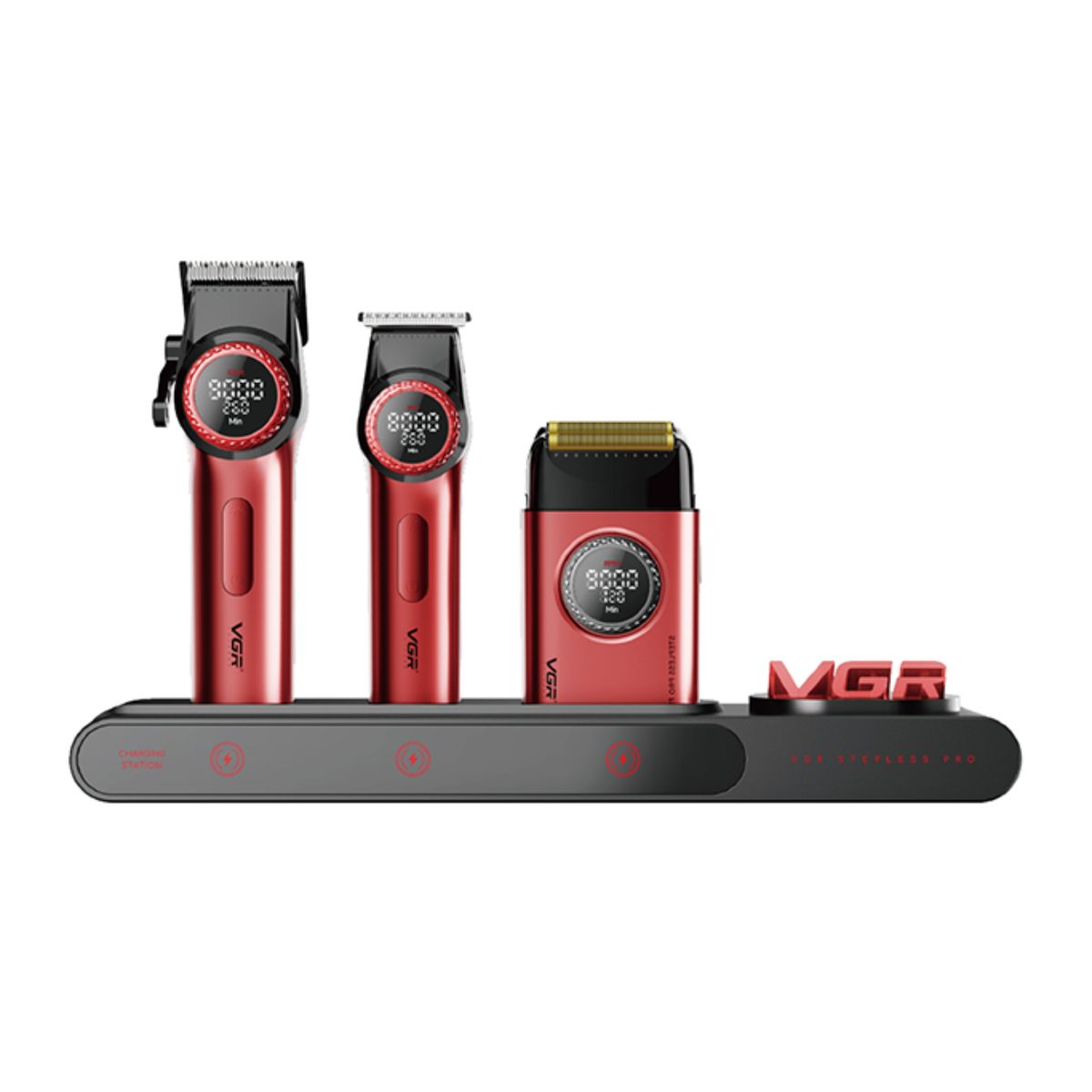 VGR VOYAGER - Barber Combo VGR Cortapelo Patillera Y Afeitadora Rojo Stepless 3