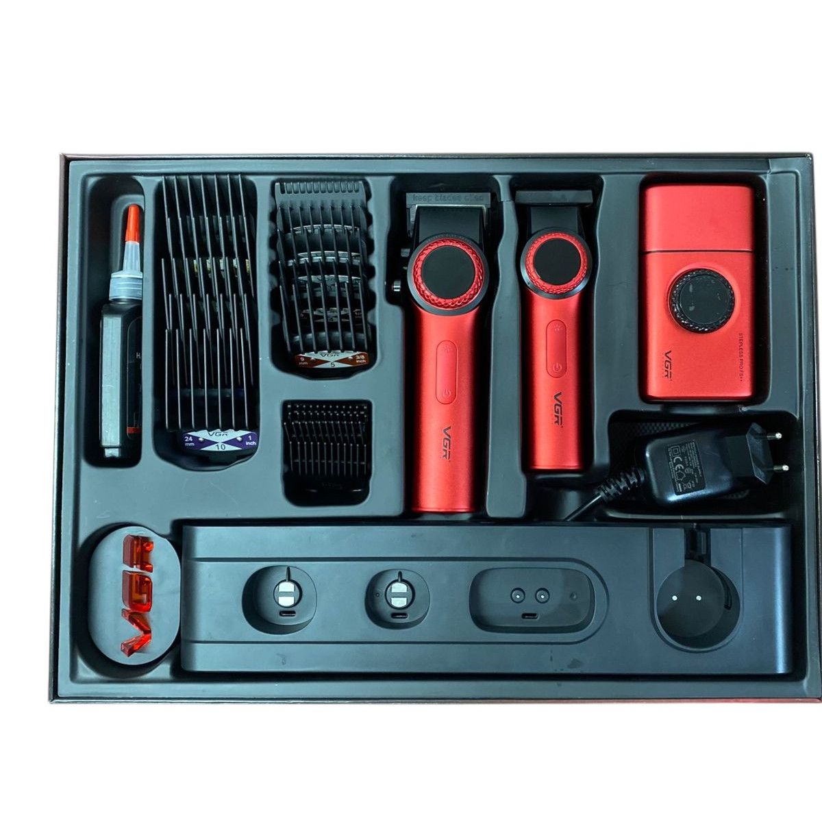 VGR VOYAGER - Barber Combo VGR Cortapelo Patillera Y Afeitadora Rojo Stepless 3
