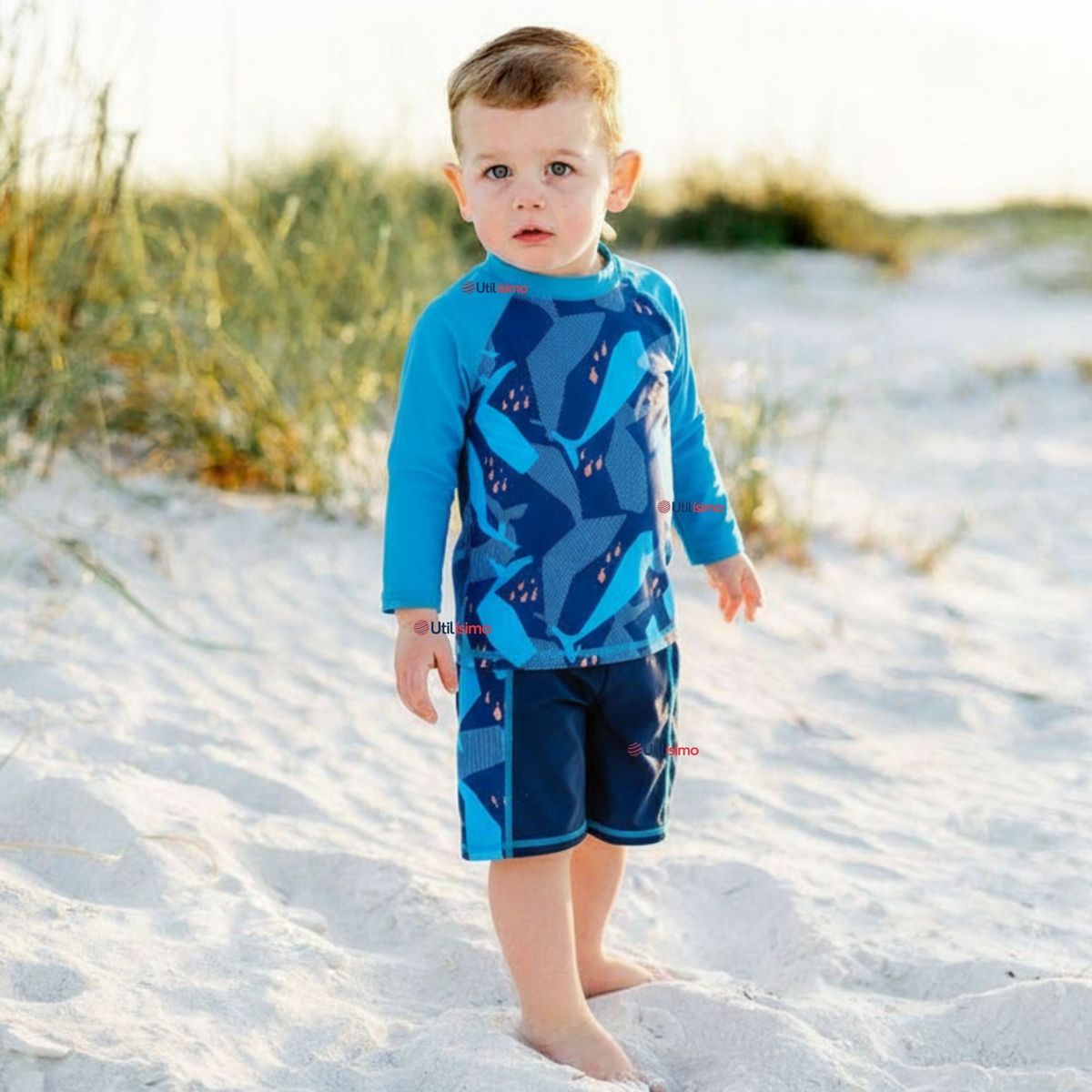 JUMP KIDS - Traje de Baño Manga Larga Pantalón Corto 2 Piezas Corte Split Niño 3 a 9 años Blue