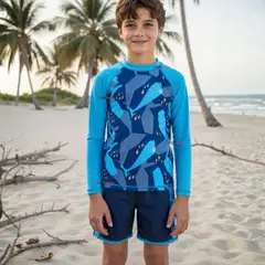 JUMP KIDS - Traje de Baño Manga Larga Pantalón Corto 2 Piezas Corte Split Niño 3 a 9 años Blue