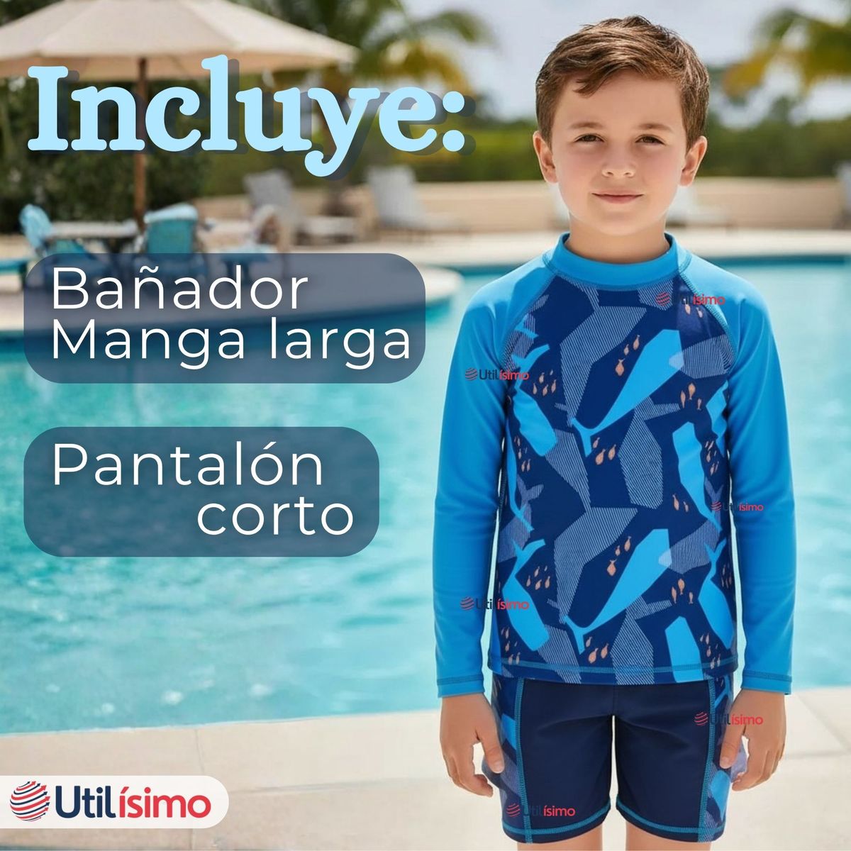 JUMP KIDS - Traje de Baño Manga Larga Pantalón Corto 2 Piezas Corte Split Niño 3 a 9 años Blue