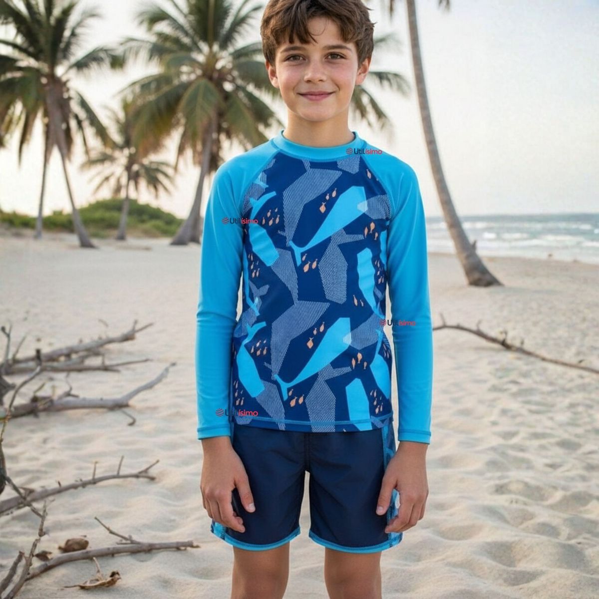 JUMP KIDS - Traje de Baño Manga Larga Pantalón Corto 2 Piezas Corte Split Niño 3 a 9 años Blue