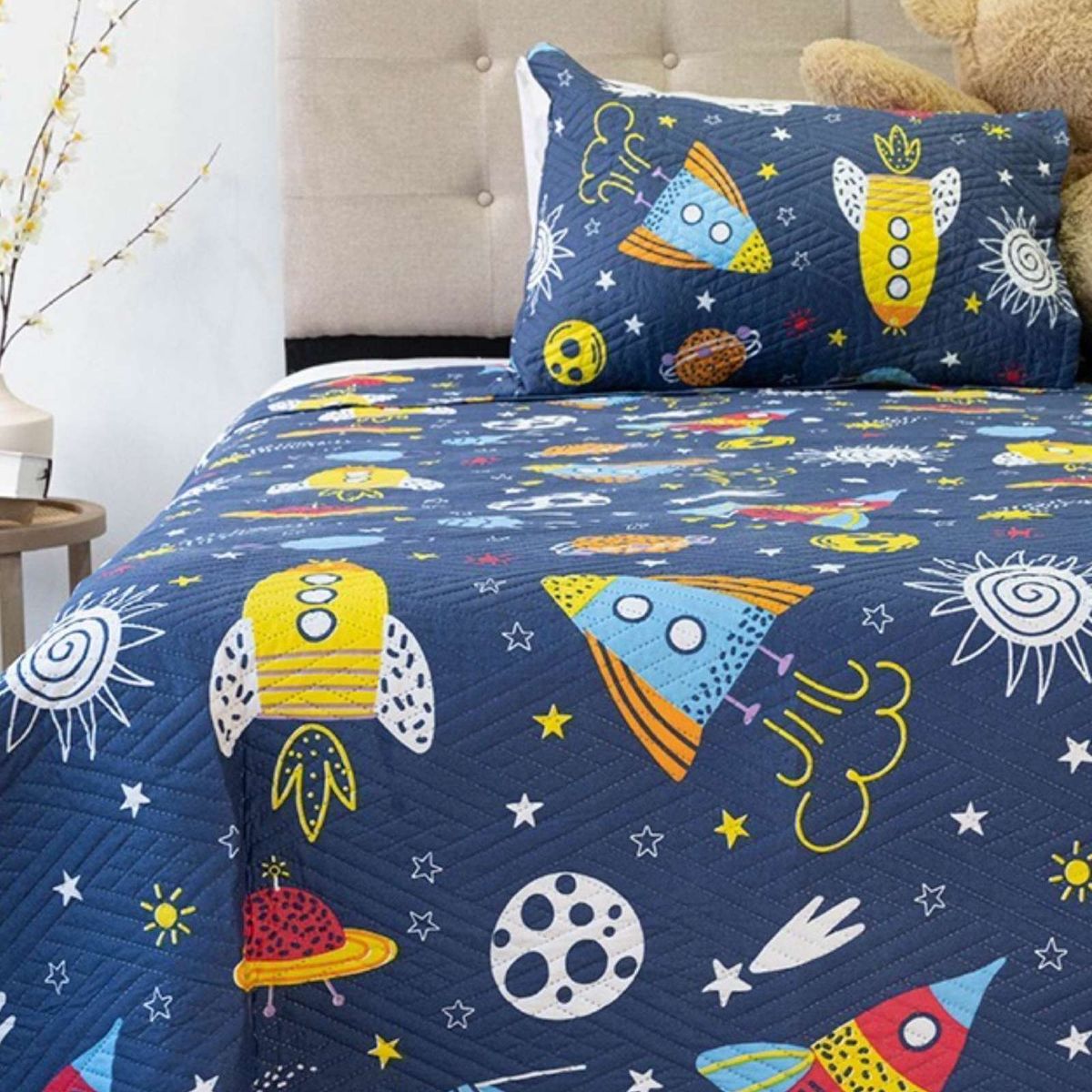 DORAL - CUBRECAMA QUILT PRIMAVERA VERANO PLANETAS AZUL PLAZA Y MEDIA