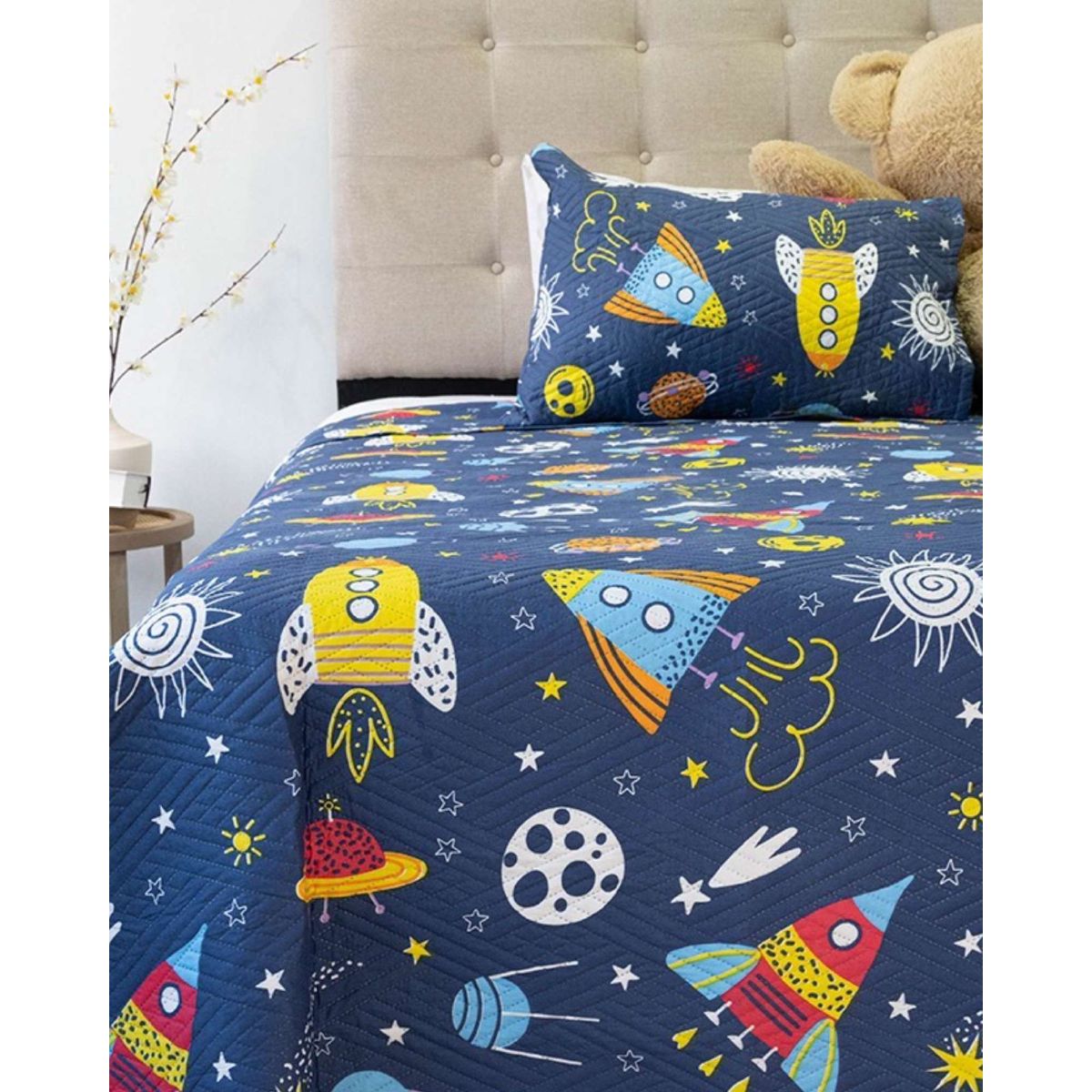 DORAL - CUBRECAMA QUILT PRIMAVERA VERANO PLANETAS AZUL PLAZA Y MEDIA