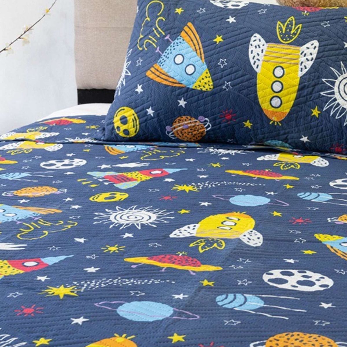 DORAL - CUBRECAMA QUILT PRIMAVERA VERANO PLANETAS AZUL PLAZA Y MEDIA