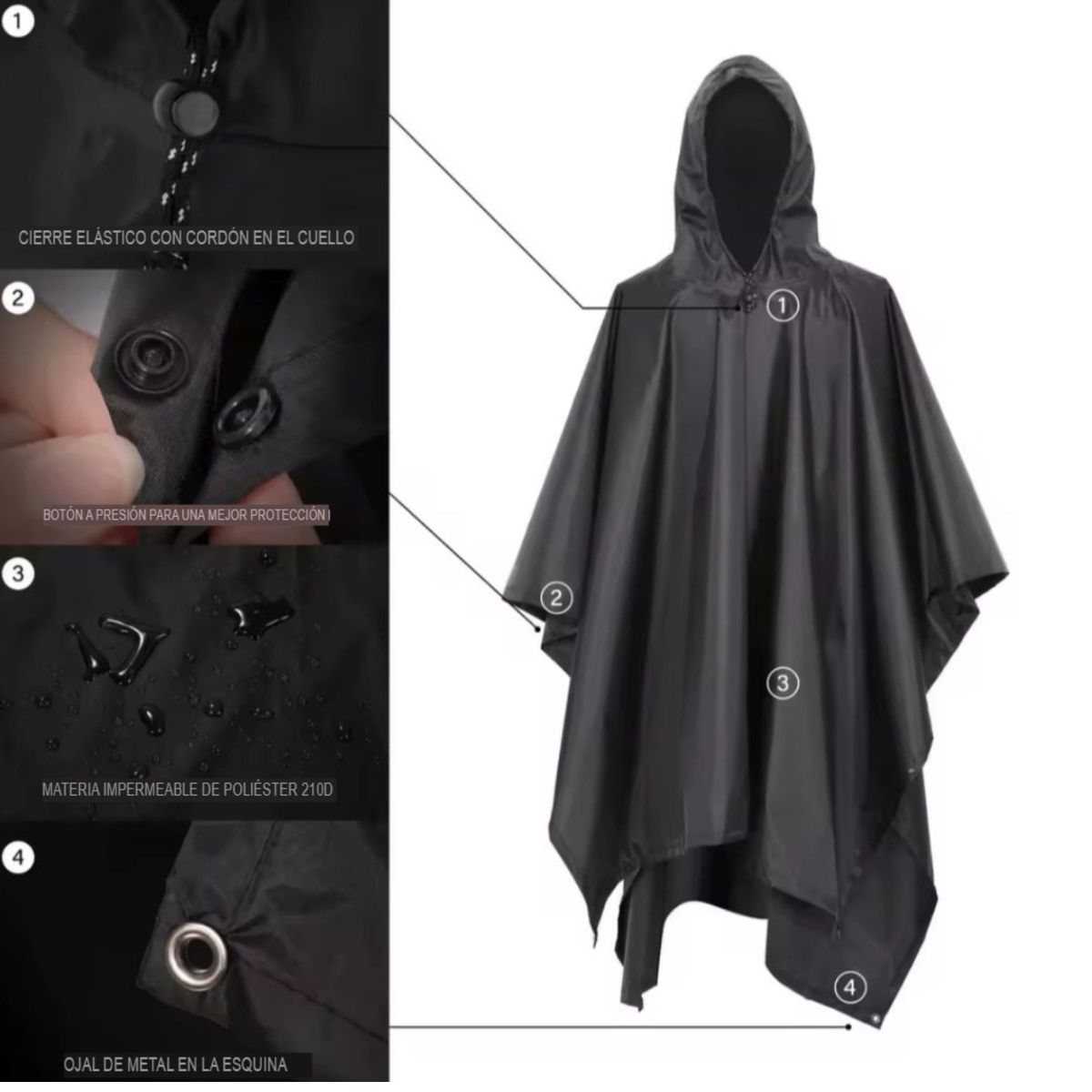 GENERICO - Poncho Impermeable Premium, Con Gorro 3 En 1 Capa De Lluvia Negro