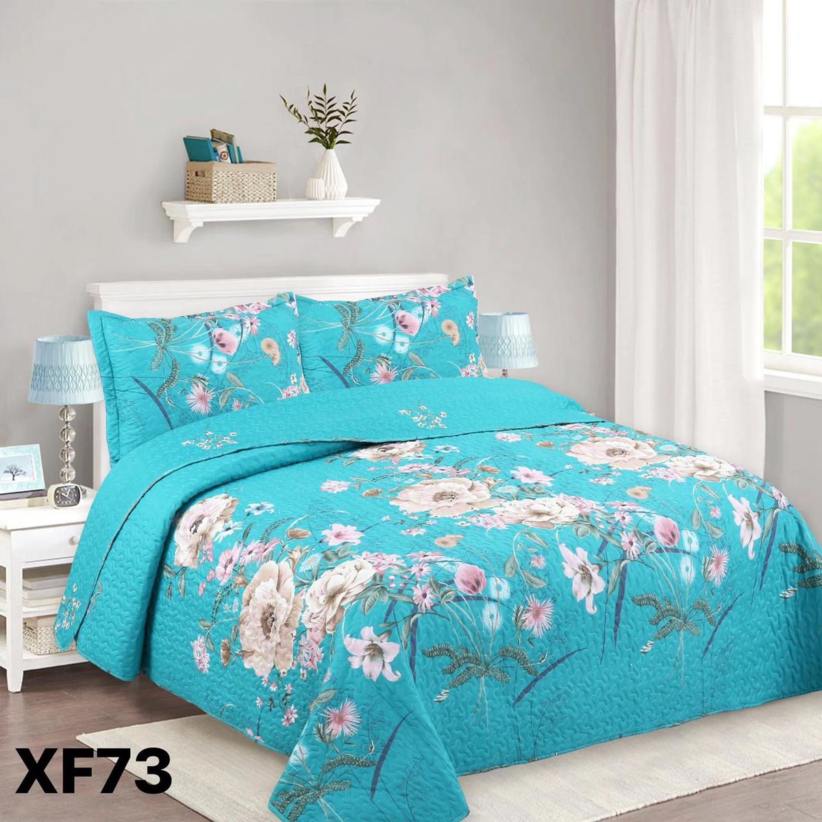 GENERICO - Cubrecama Quilt 2 plazas gris celeste flor