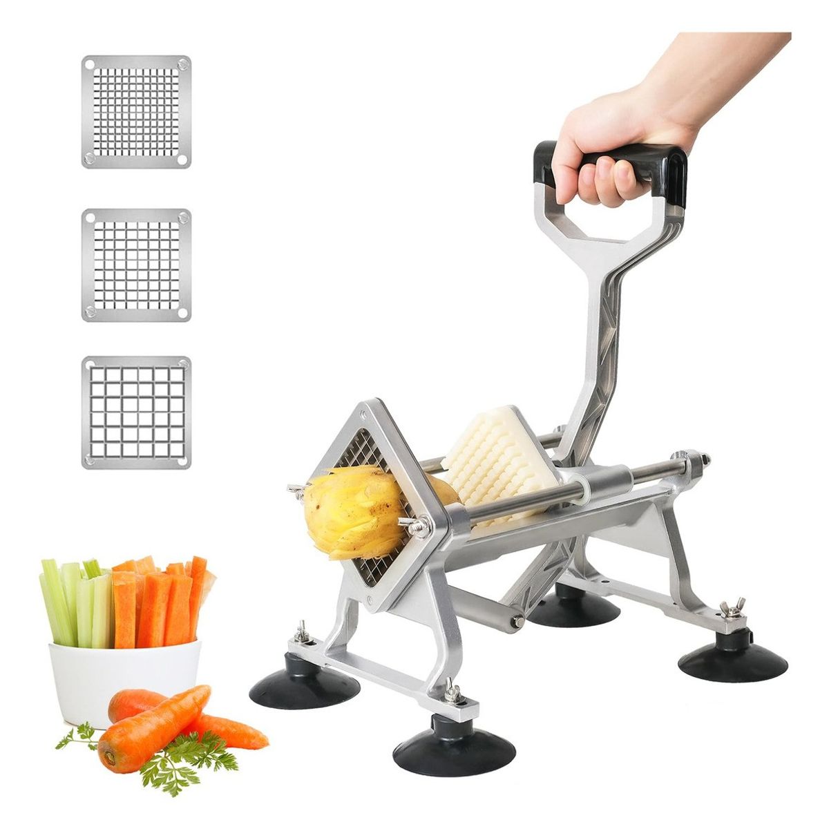 MUNDO MAGIA - Cortador De Papas Fritas Acero Con Soporte + 3 Cuchillas
