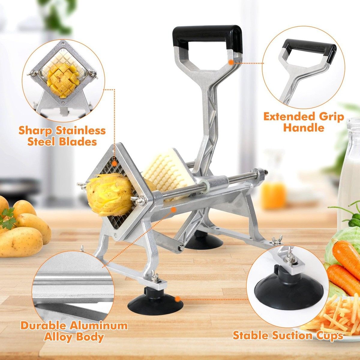 MUNDO MAGIA - Cortador De Papas Fritas Acero Con Soporte + 3 Cuchillas