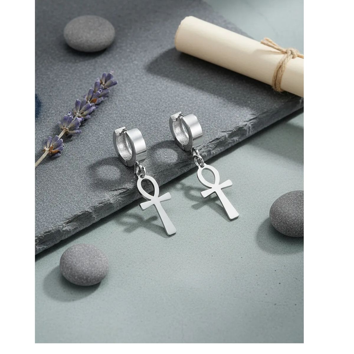 GENERICO - Aros Punk Cruz Egipcia Silver Hombre Mujer Moda Royal Madriz