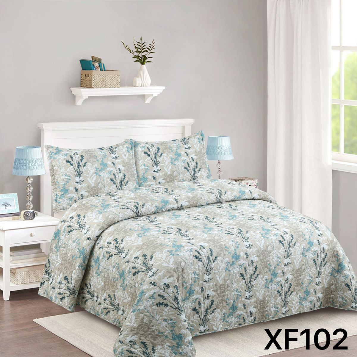 GENERICO - Cubrecama Quilt 2 blanco hojas verde