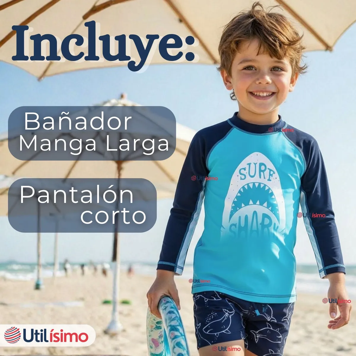 JUMP KIDS - Traje de Baño Manga Larga Pantalón Corto 2 Piezas Corte Split Niño 3 a 9 años Blue Shark
