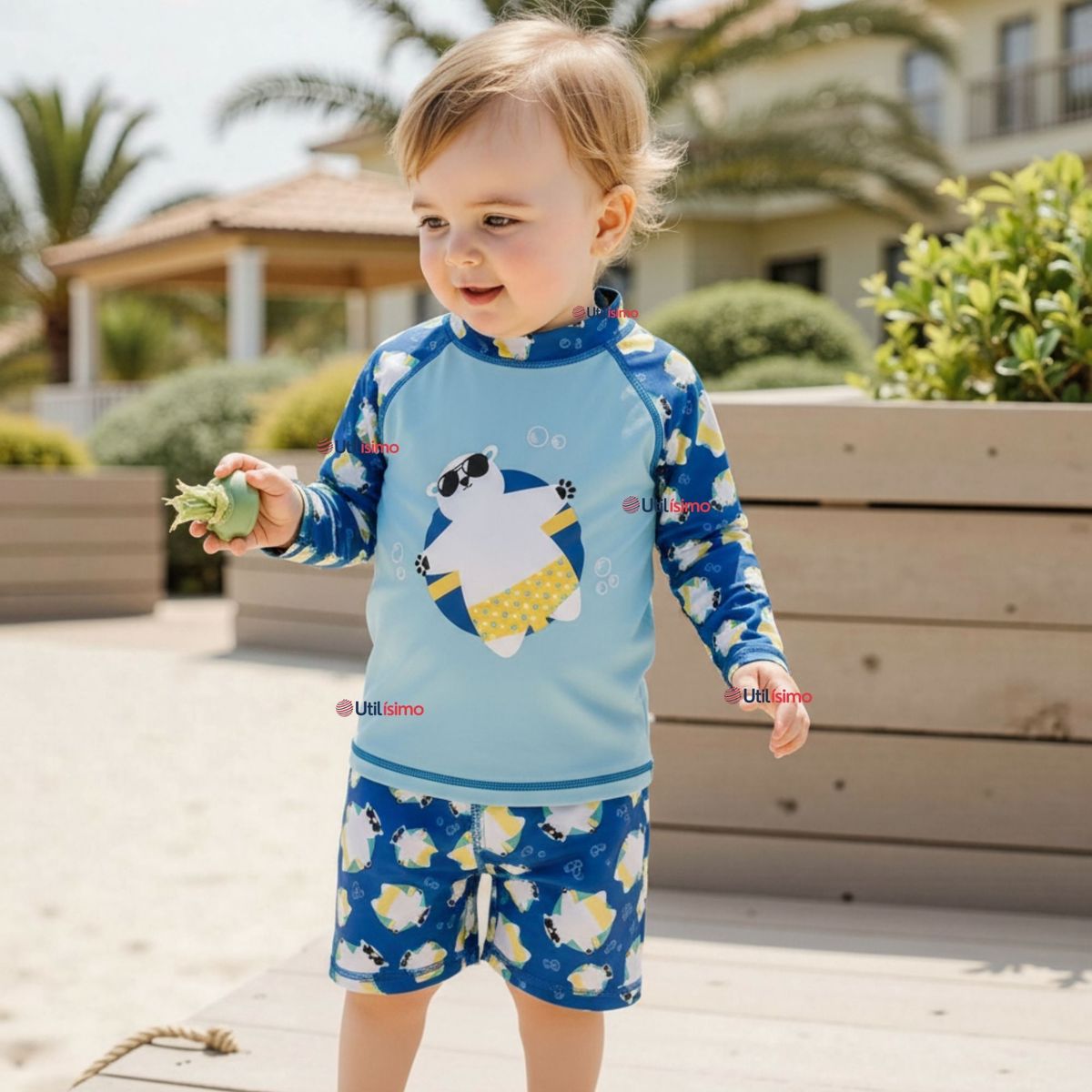 JUMP KIDS - Traje de Baño Manga Larga Pantalón Corto 2 Piezas Niño 3 a 9 años Blue Polar Bear