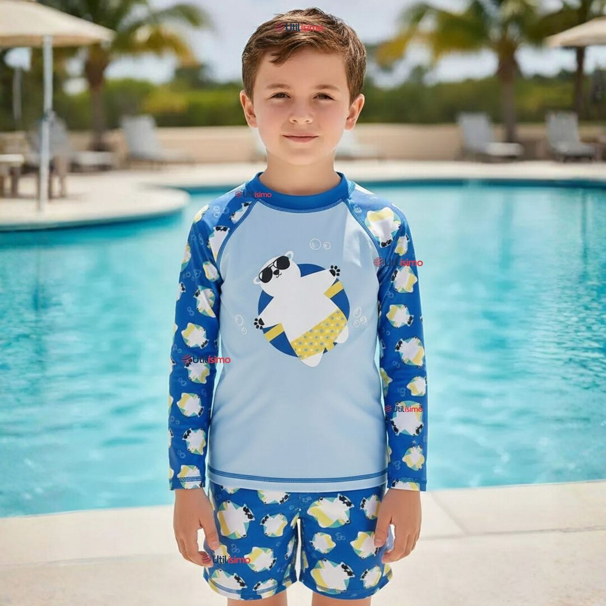 JUMP KIDS - Traje de Baño Manga Larga Pantalón Corto 2 Piezas Niño 3 a 9 años Blue Polar Bear