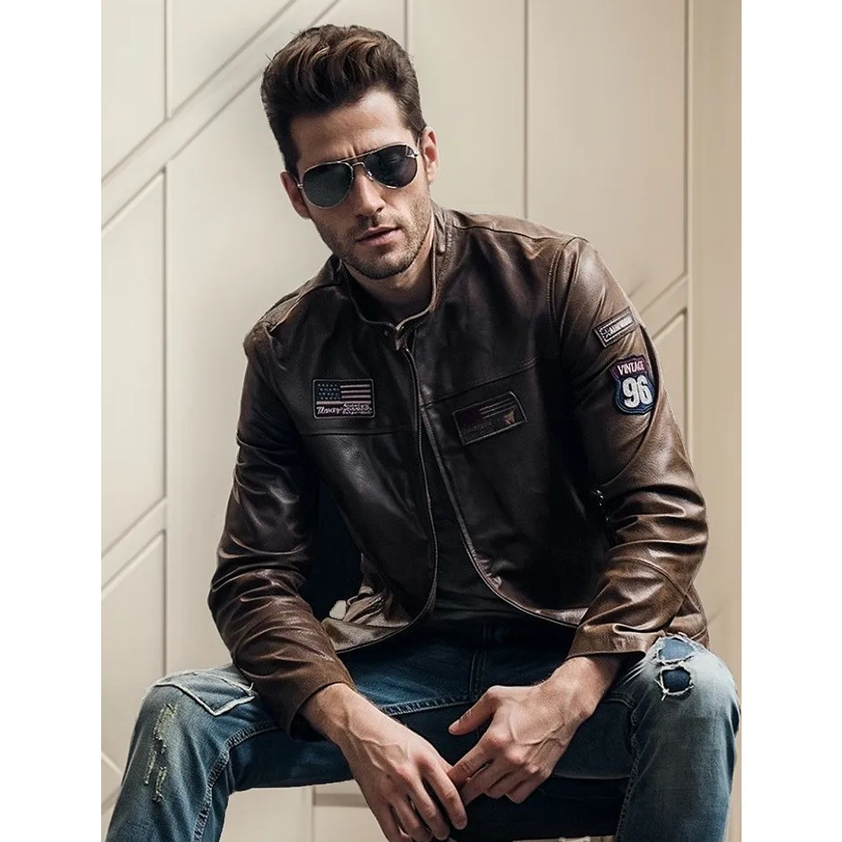 ROYAL - Chaqueta De Cuero Genuino Storm Hombre Motociclista