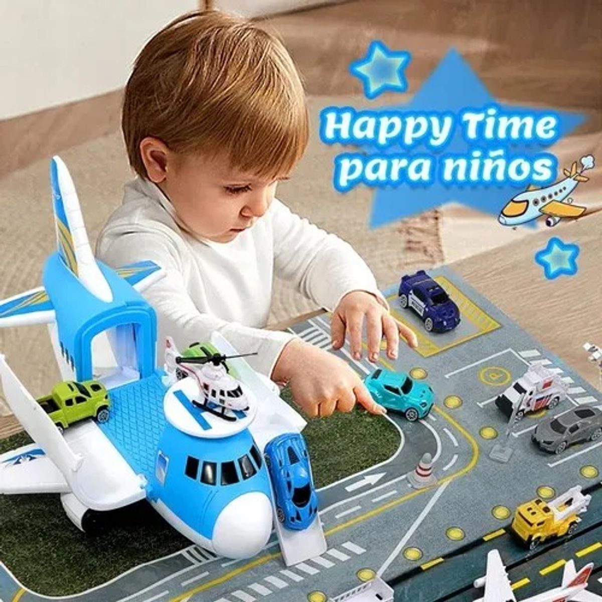 GENERICO - Juguete De Avión De Rescate Porta 12 Vehículos Para Niños Avión Azul Acero
