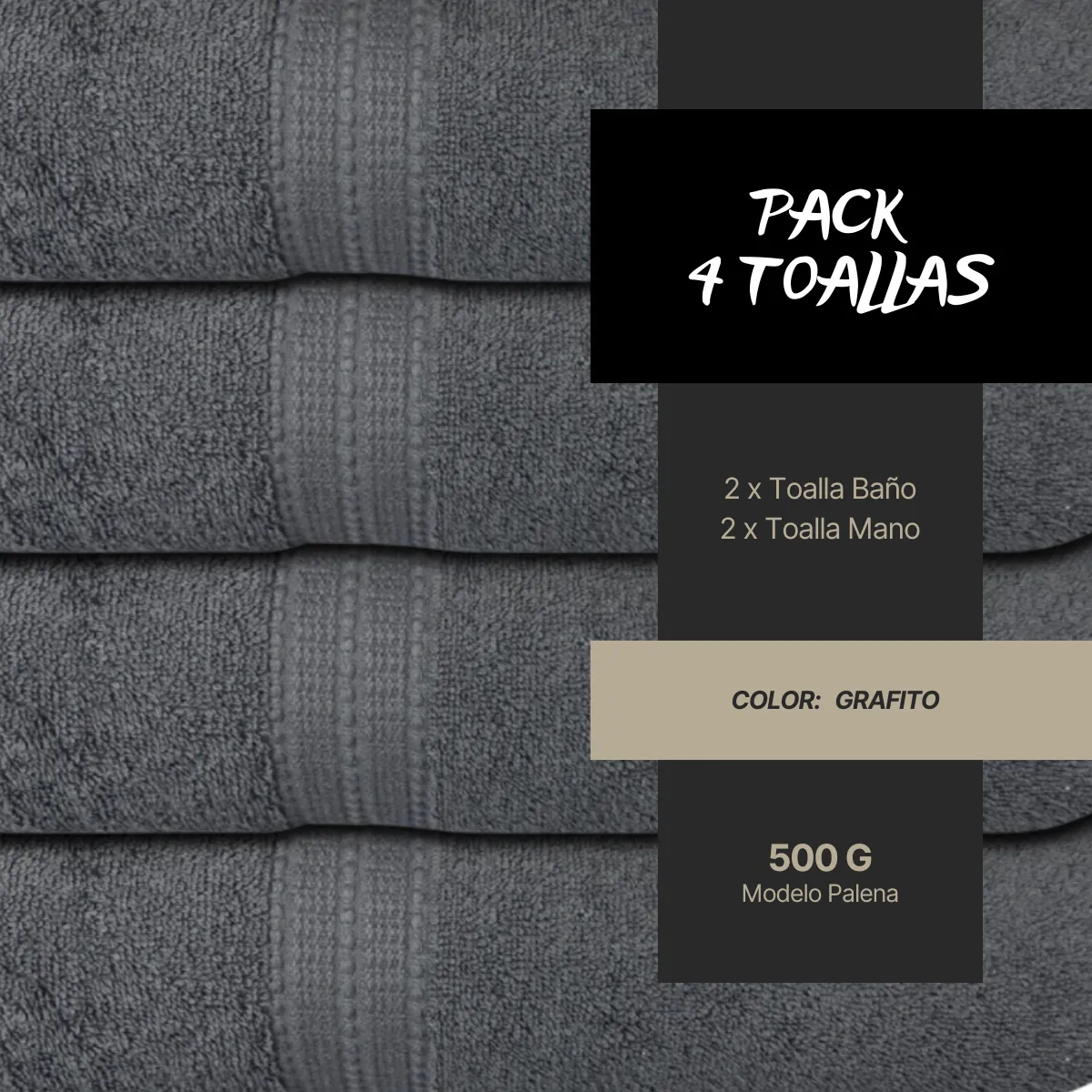 CHITECO - Pack 4 Toallas Chiteco (by Lourdes) 500g Baño y Manos Color Grafito