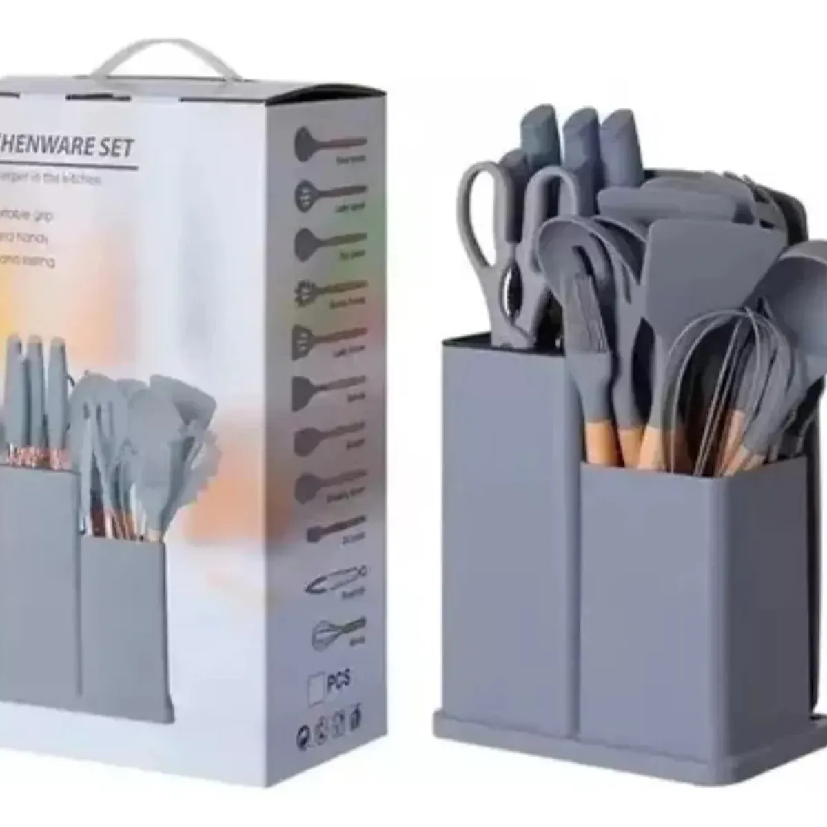 GENERICO - Juego Utensilios De Cocina De Silicona Con Soporte De Madera Gris