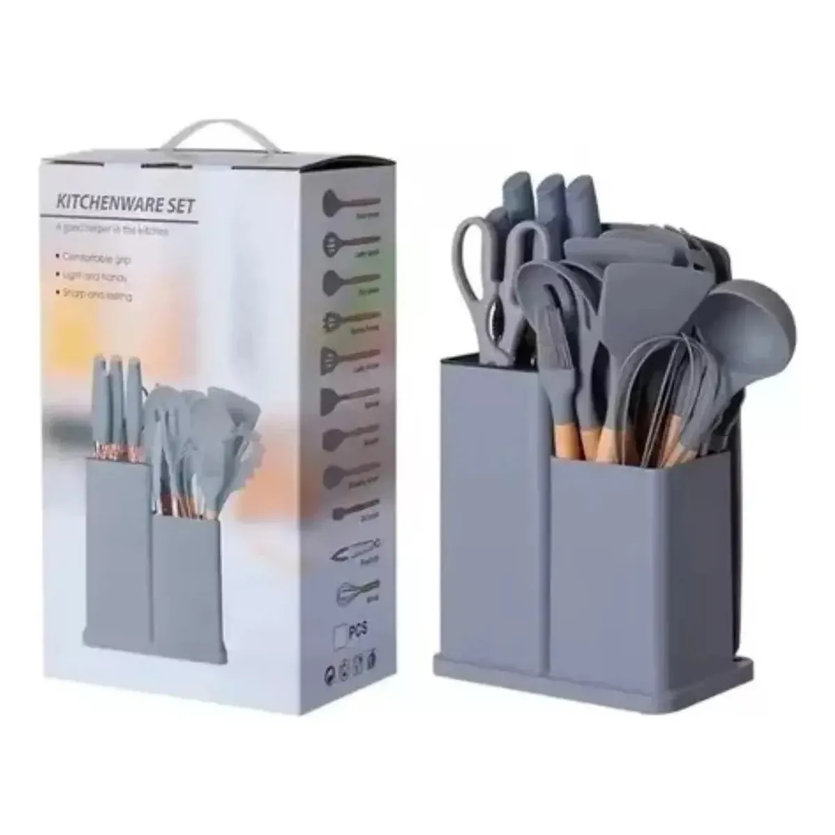 GENERICO - Juego Utensilios De Cocina De Silicona Con Soporte De Madera Gris