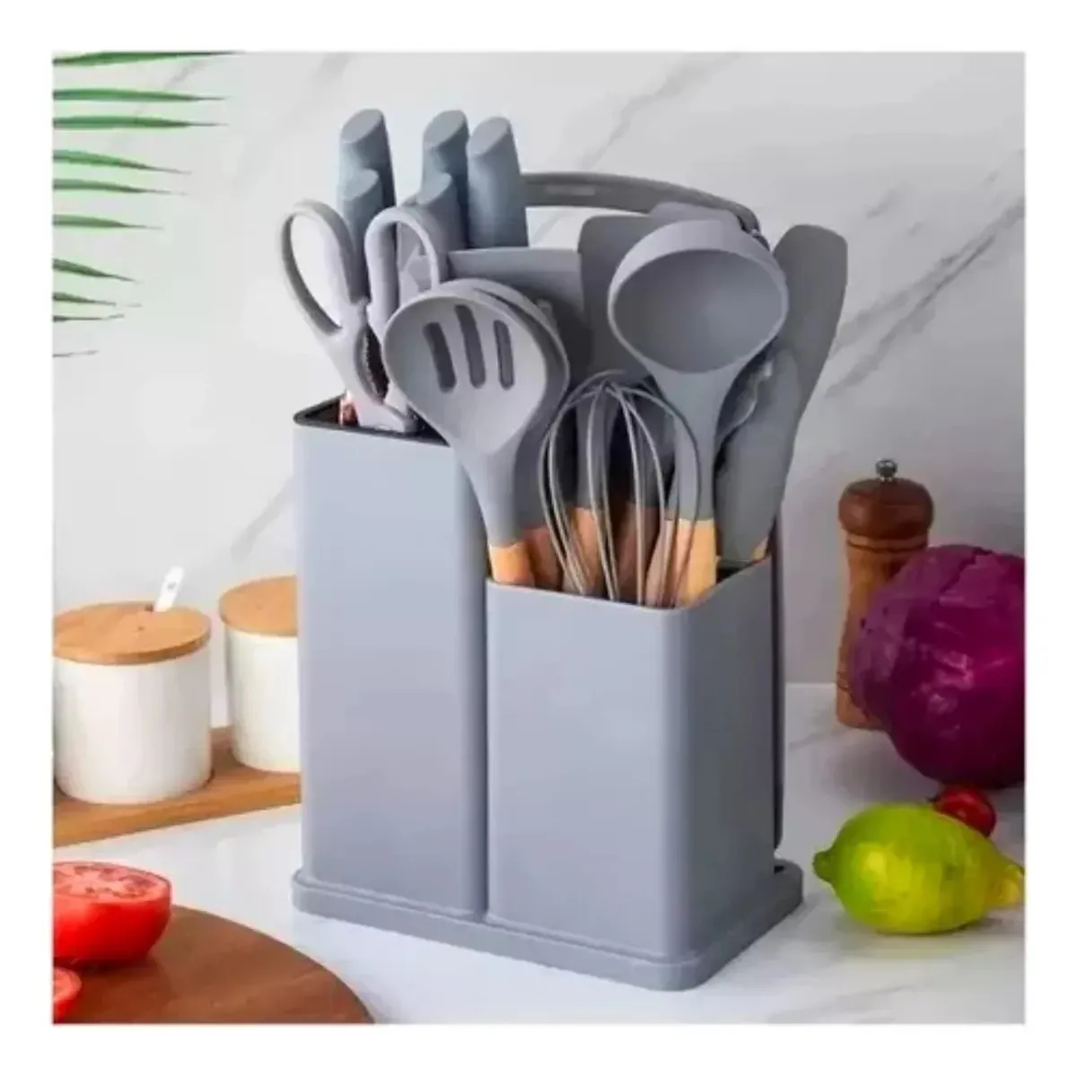 GENERICO - Juego Utensilios De Cocina De Silicona Con Soporte De Madera Gris