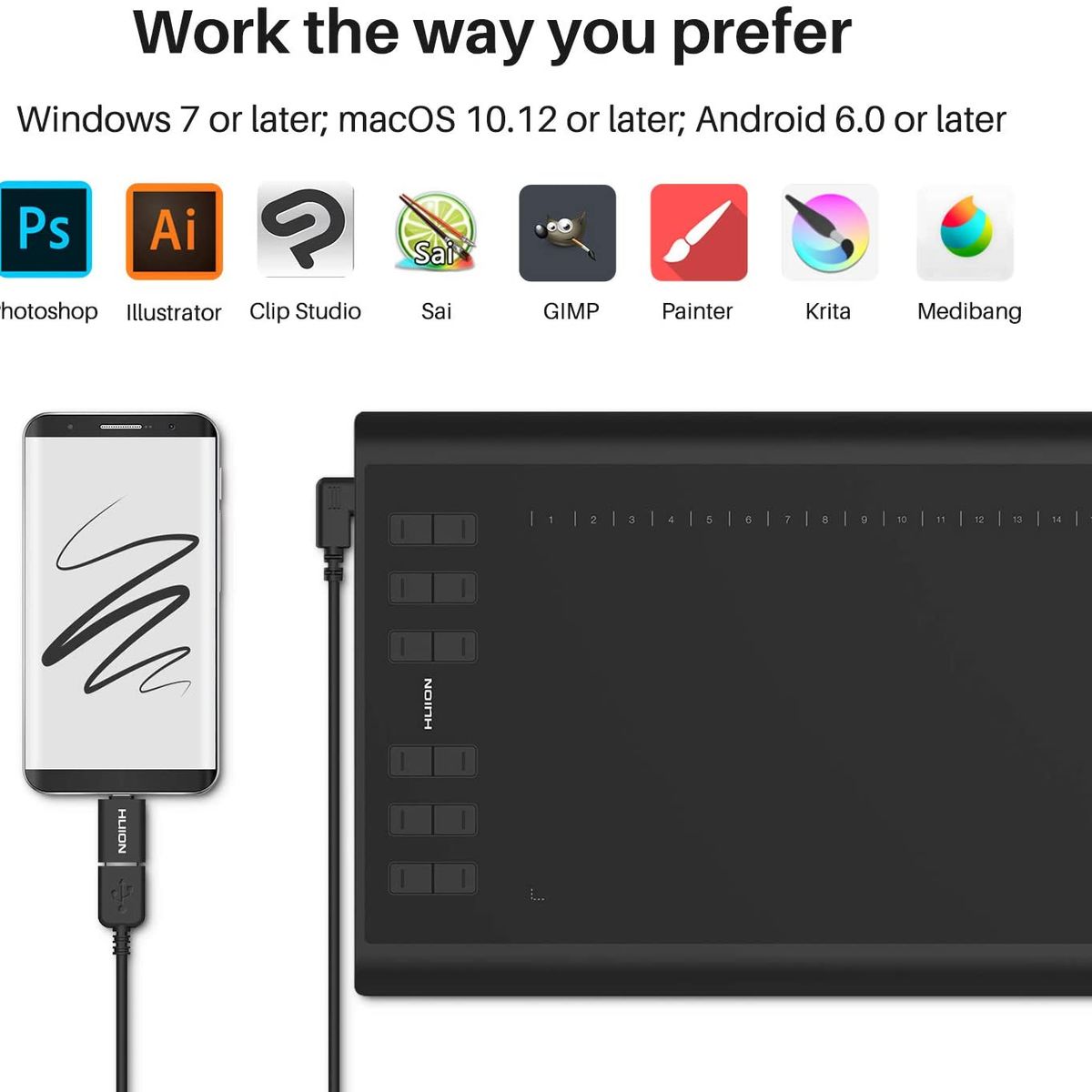 HUION - HUION Tableta Gráfica H1060P con OTG