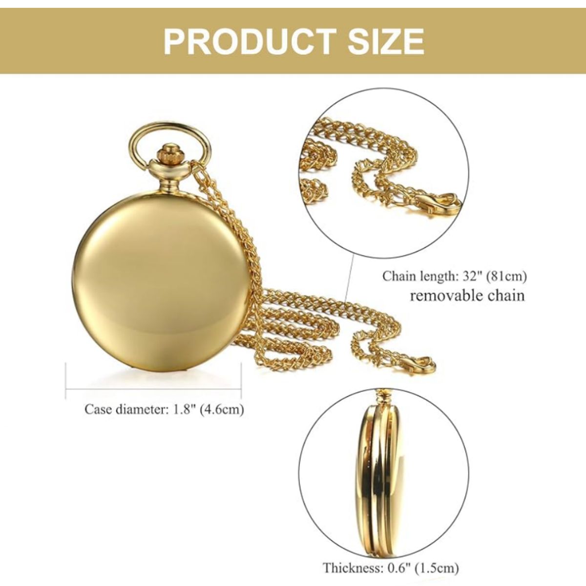 KUANGYE - Reloj de bolsillo clásico vintage de cuarzo dorado para hombre Con cadena