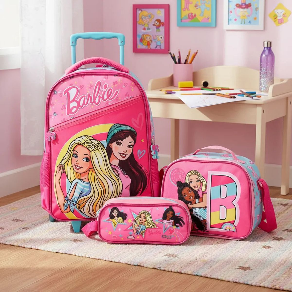 BARBIE - Set Mochila Escolar con ruedas Barbie + Lonchera + Estuche