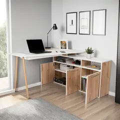 TUHOME - Escritorio En L 3 Puertas Singapur 72.5x130x120 Cm Duna Y Blanco