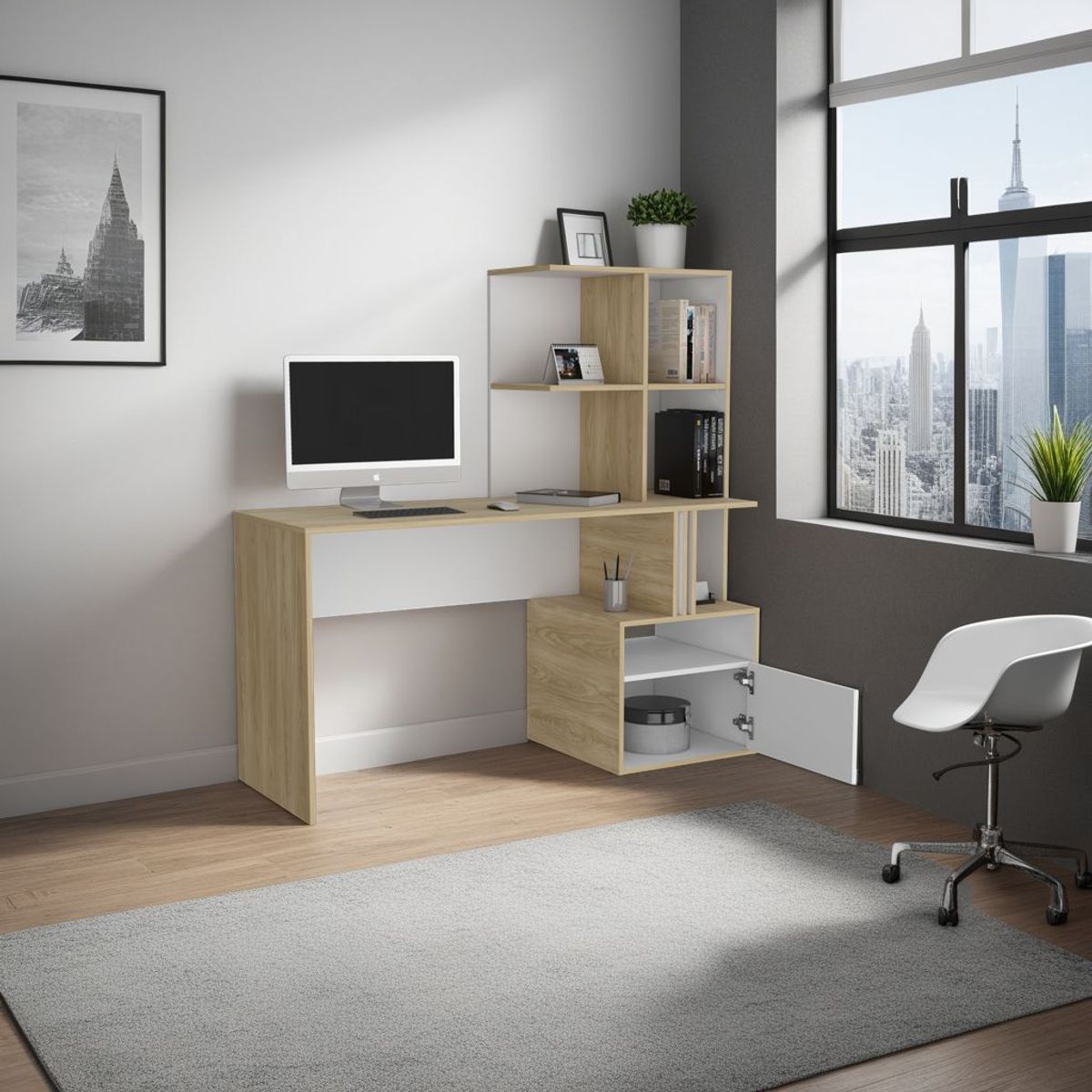 TUHOME - Escritorio Biblioteca 1 Puerta Vance 140x140x50 Cm Blanco Y Fresno