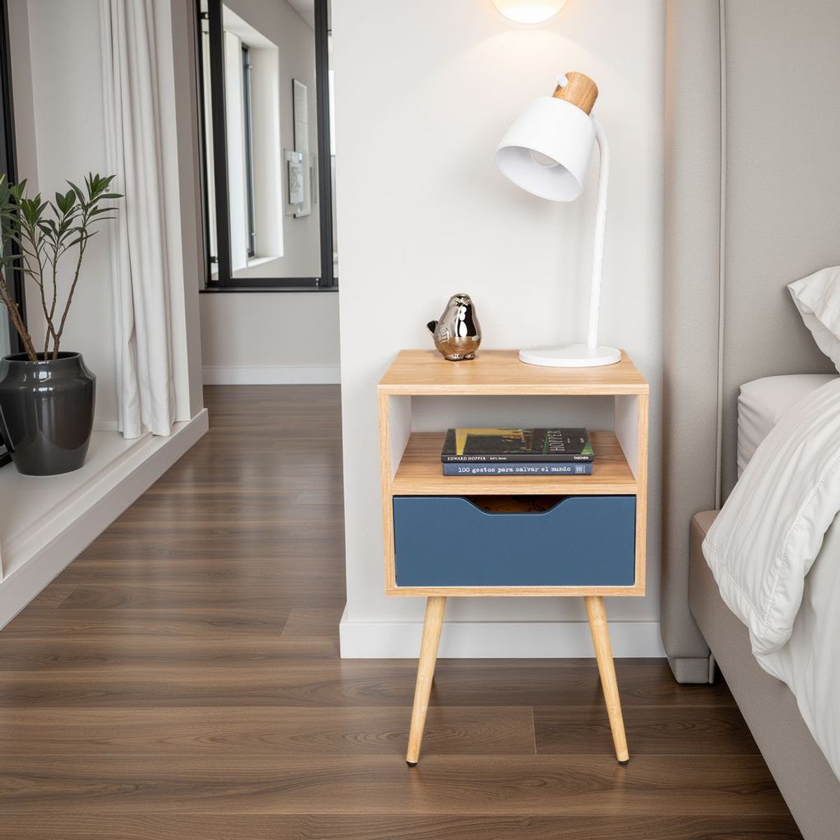 TUHOME - Velador 1 Cajon Otom Fresno Y Kronos Azul 63x40x35 Cm