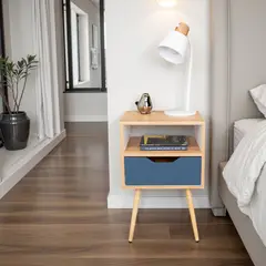 TUHOME - Velador 1 Cajon Otom Fresno Y Kronos Azul 63x40x35 Cm