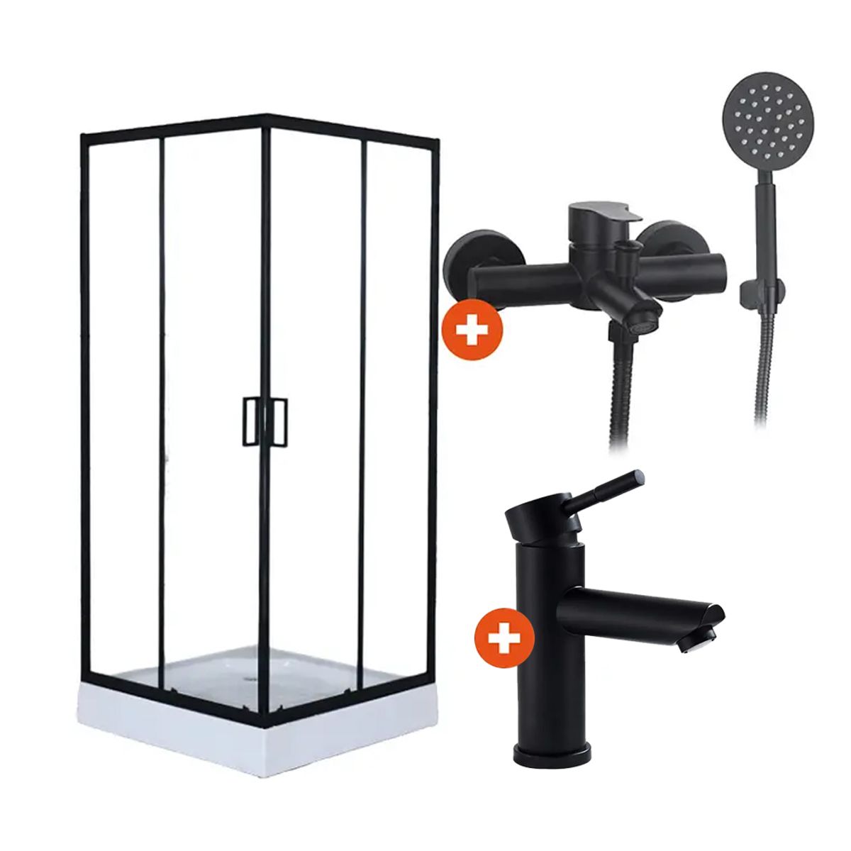 DOER - Combo Cabina de Ducha 80x80x200 + Grifería monomando ducha + Grifería lavamanos Negro
