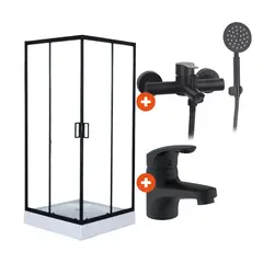 DOER - Combo Cabina de ducha 80x80x200 + Grifería monomando ducha + Grifería lavamanos Negro