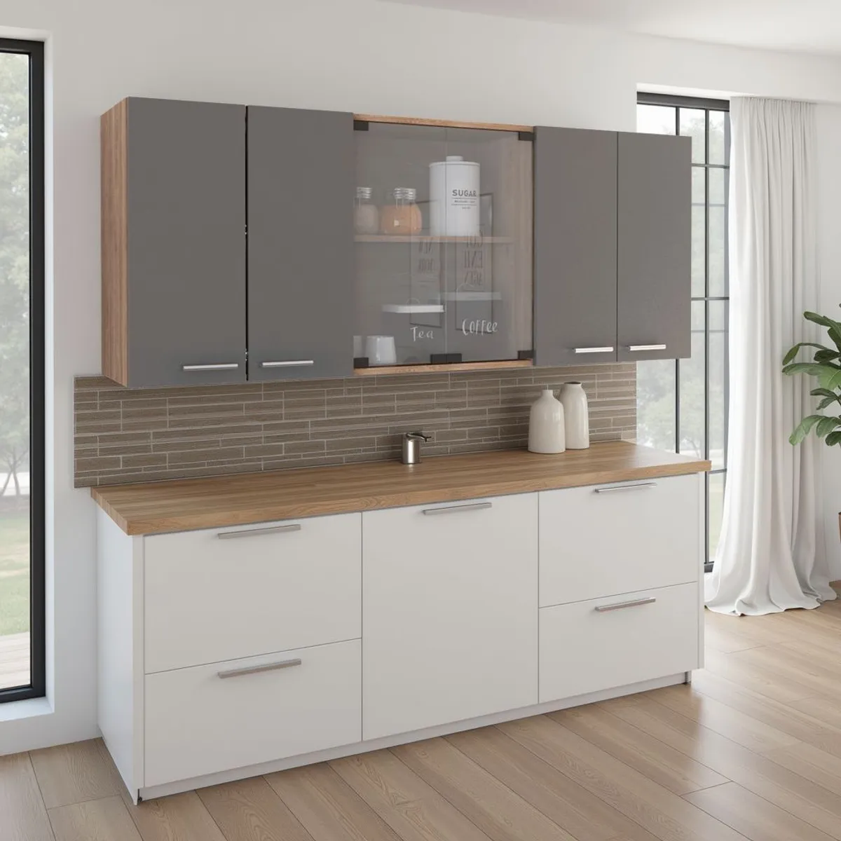 TUHOME - Mueble De Cocina Mural 60x150x31.5 Cm Miel Y Plomo 6 Puertas