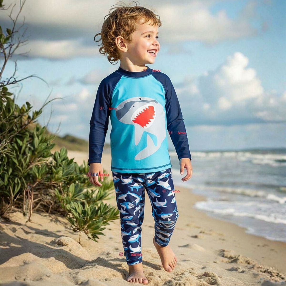 JUMP KIDS - Traje de Baño Polera Manga Larga Pantalón Largo 2 Piezas Corte Split Niño 3 a 9 años Blue Shark