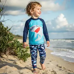 JUMP KIDS - Traje de Baño Polera Manga Larga Pantalón Largo 2 Piezas Corte Split Niño 3 a 9 años Blue Shark