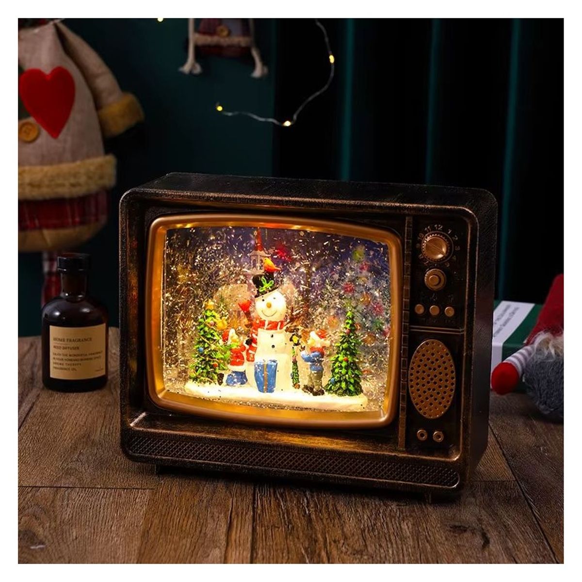 COMPRAPO - Decoración Navidad TV Vintage Caja Musical Luz y Música Led Niños y Muñeco de Nieve