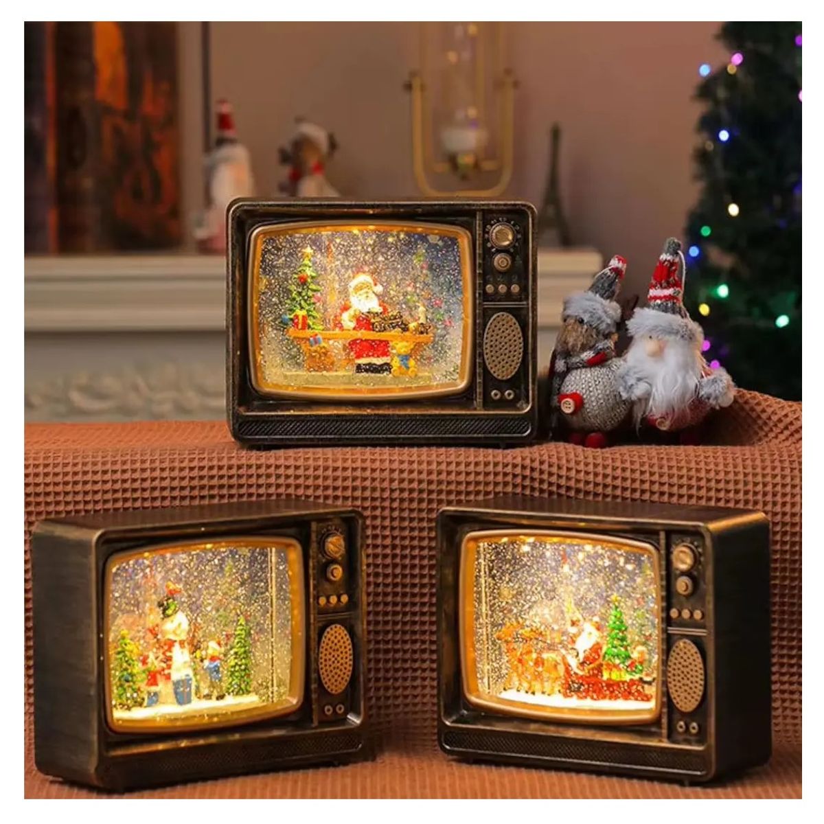COMPRAPO - Decoración Navidad TV Vintage Caja Musical Luz y Música Led Niños y Muñeco de Nieve