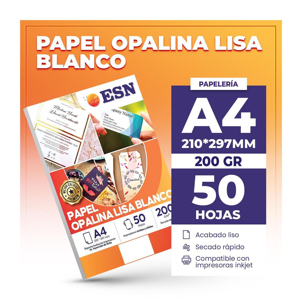 GENERICO - PAPEL OPALINA LISA BLANCO 200 GR A4 50 HOJAS ESN - Blanco - A4