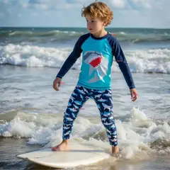 JUMP KIDS - Traje de Baño Polera Manga Larga Pantalón Largo 2 Piezas Corte Split Niño 3 a 9 años Blue Shark