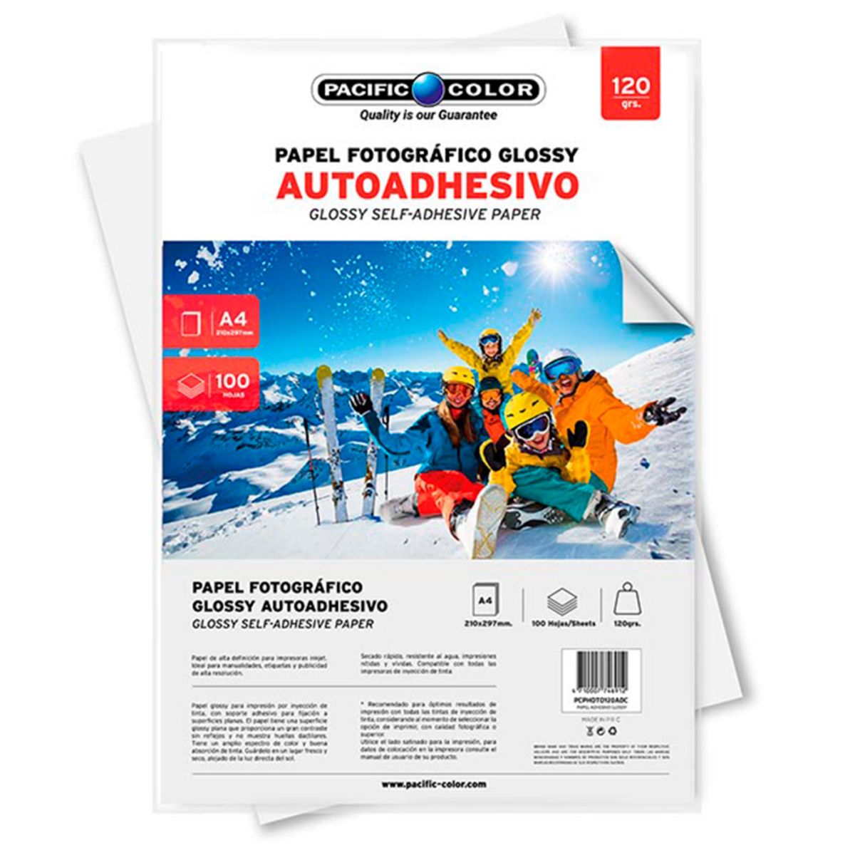 PACIFIC COLOR - Papel Fotográfico Adhesivo Glossy A4 100 Hojas 120 Gr.