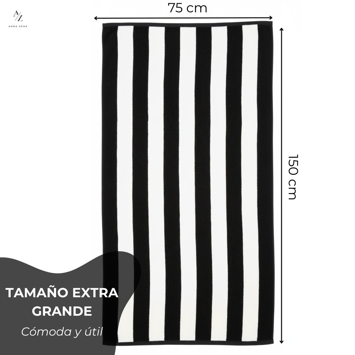 AZ AURAZEUS - Set De 2 Toalla De Playa Algodon 150x75 Cm Xl Viaje Grande Rayada Az Negro