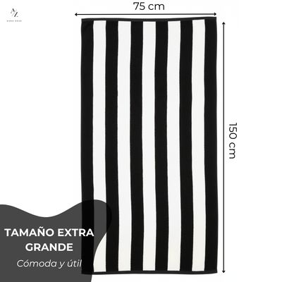 Imagen 2 del producto Set De 2 Toalla De Playa Algodon 150x75 Cm Xl Viaje Grande Rayada Az Negro