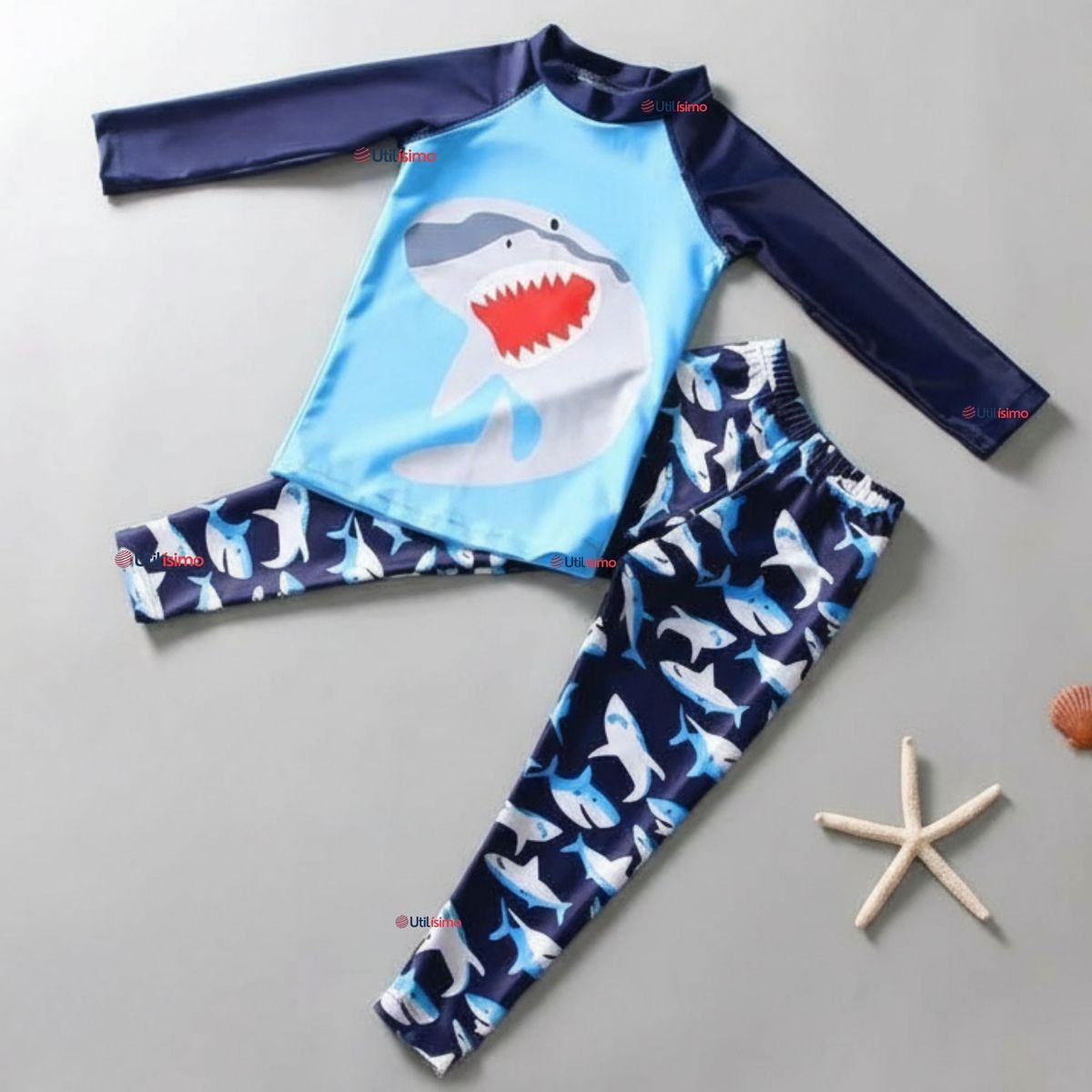 JUMP KIDS - Traje de Baño Polera Manga Larga Pantalón Largo 2 Piezas Corte Split Niño 3 a 9 años Blue Shark