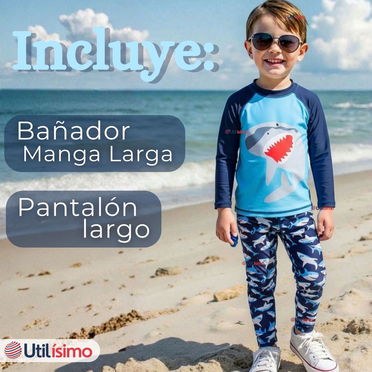 JUMP KIDS - Traje de Baño Polera Manga Larga Pantalón Largo 2 Piezas Corte Split Niño 3 a 9 años Blue Shark