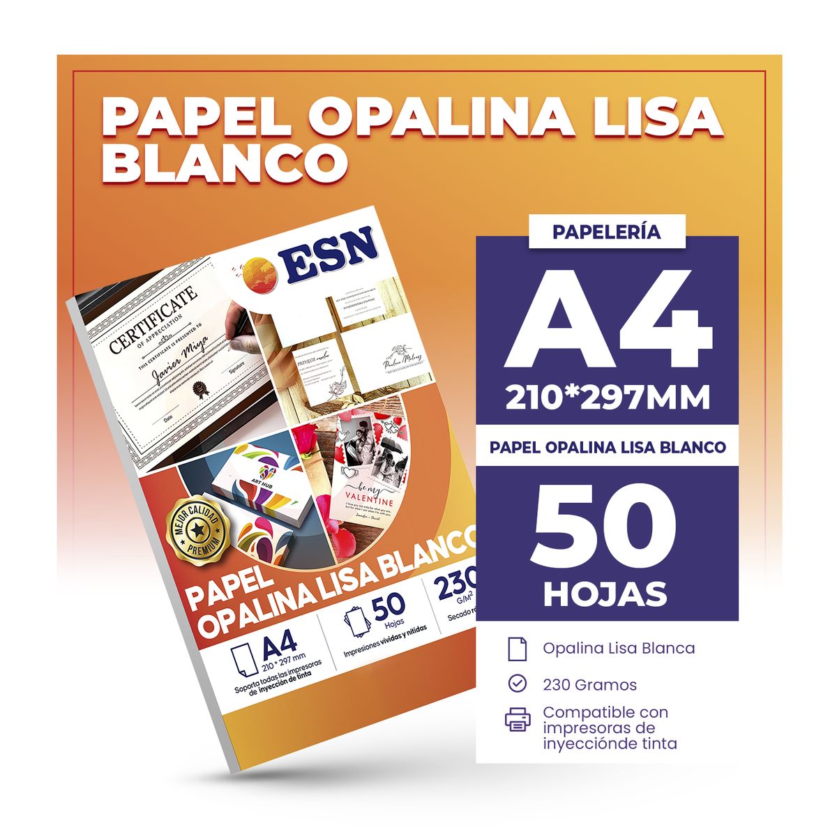 GENERICO - PAPEL OPALINA LISA BLANCO 230 GR A4 50 HOJAS ESN - Blanco - A4