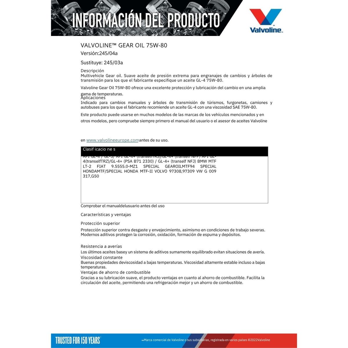 VALVOLINE - Lubricante 75w80 Gl4 para Cajas de Cambio Mecanica 1 Lt.